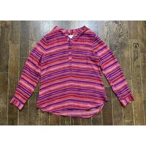Liz Claiborne Top Women's Size M Pink Red Striped Long Sleeve Half Button Blouse